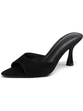 Womens Black Faux Suede Kitten Heeled Mules Pointed Open Toe Heeled Sandal